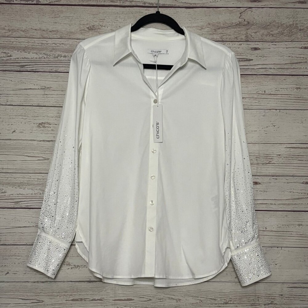 Chicos White Button Up Shirt Bedazzled‎ Sleeves US6 NWT